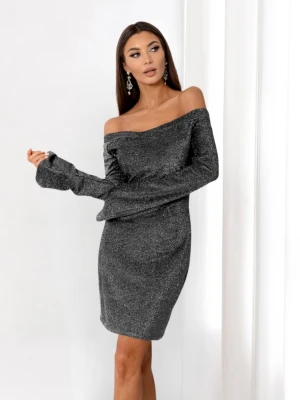 Brokatowa sukienka z odkrytymi ramionami LUNA - srebrna  magmac 