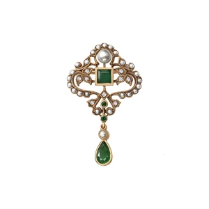 Broszka złota z perłami, szmaragdami i diamentami - Kolekcja Wiktoriańska Wiktoriańska - Biżuteria YES