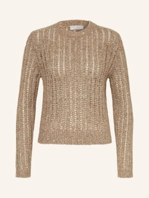 Brunello Cucinelli Sweter Z Błyszczącą Przędzą I Cekinami beige