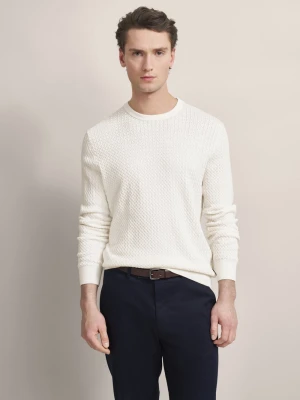 Bugatti Męski sweter z dzianiny z zawartością kaszmiru Mężczyźni Bawełna biały jednolity,