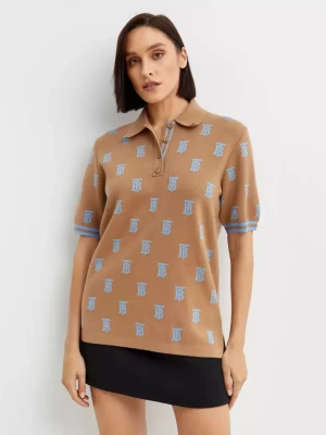 Burberry Beżowy dzianinowy t-shirt polo w monogram