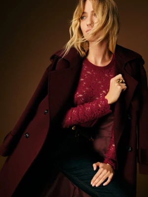 Burgundowa ażurowa bluzka z długim rękawem TARANKO