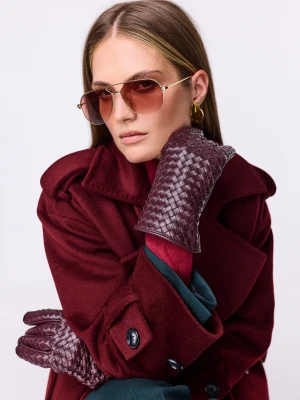 Burgundowe plecione rękawiczki ze skóry naturalnej TARANKO