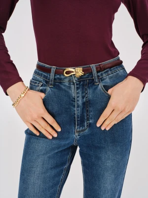 Burgundowy skórzany pasek z dużą sprzączką TARANKO