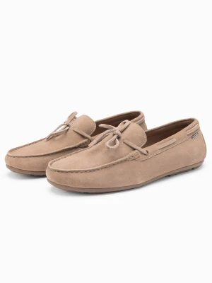 Buty mokasyny męskie skórzane z rzemykiem i podeszwą driver - beżowe V1 Ombre Clothing