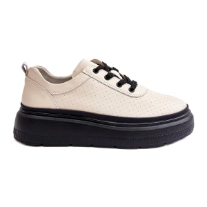 Buty Sportowe Damskie Na Platformie Skóra Naturalna Beżowe 41470 Vinceza