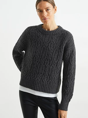 C&A Sweter z wzorem warkocza, Szary, Rozmiar: XL
