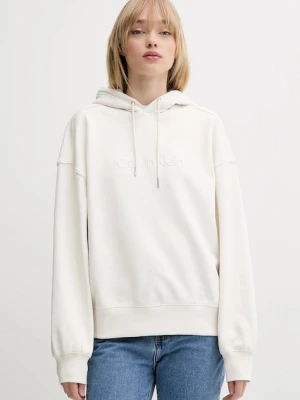 Calvin Klein bluza bawełniana damska kolor beżowy z kapturem z aplikacją LV044C210G