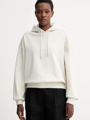 Calvin Klein bluza bawełniana damska kolor beżowy z kapturem z aplikacją LV044C210G