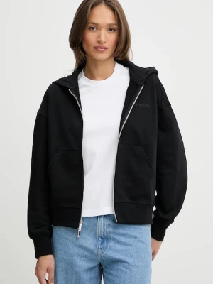 Calvin Klein bluza bawełniana damska kolor czarny z kapturem gładka LV044C211G