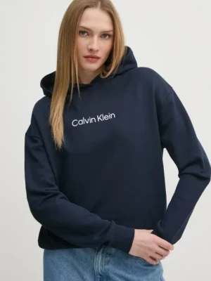 Calvin Klein bluza bawełniana damska kolor granatowy z kapturem z nadrukiem K20K205449