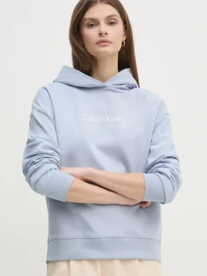 Calvin Klein bluza bawełniana damska kolor niebieski z kapturem z nadrukiem K20K205449