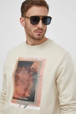 Calvin Klein bluza bawełniana męska kolor beżowy z nadrukiem