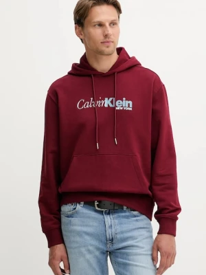 Calvin Klein bluza bawełniana męska kolor bordowy z kapturem z nadrukiem LV04LD241G