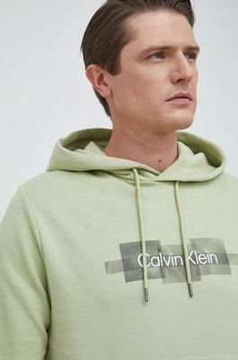 Calvin Klein bluza bawełniana męska kolor zielony z kapturem z aplikacją