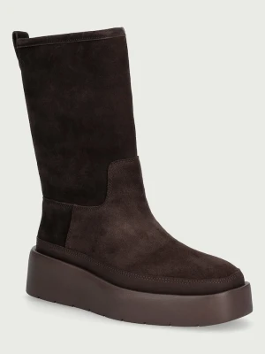 Calvin Klein botki damskie zamszowe FLATFORM MID BOOT SUEDE WL brązowy