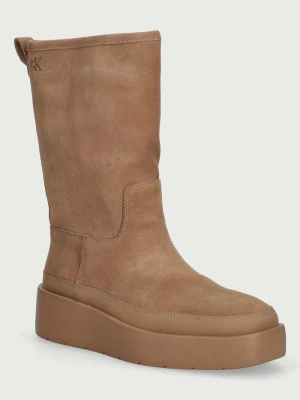 Calvin Klein botki na platformie damskie zamszowe FLATFORM MID BOOT SUEDE WL beżowy