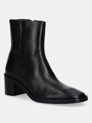 Calvin Klein botki skórzane BLOCK HEEL ZIP BOOT LTH damskie kolor czarny na słupku HW0HW02593