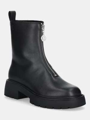 Calvin Klein botki skórzane CHUNKY FRONT ZIP BOOT damskie kolor czarny na płaskim obcasie YW0YW01907