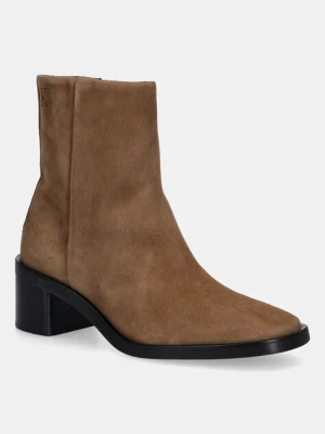 Calvin Klein botki zamszowe BLOCK HEEL ZIP BOOT SUE damskie kolor brązowy na słupku HW0HW02592