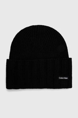Calvin Klein czapka wełniana kolor czarny z cienkiej dzianiny wełniana