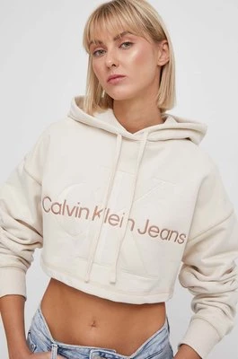 Calvin Klein Jeans bluza bawełniana damska kolor beżowy z kapturem z aplikacją