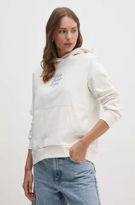 Calvin Klein Jeans bluza bawełniana damska kolor beżowy z kapturem z aplikacją J20J224893