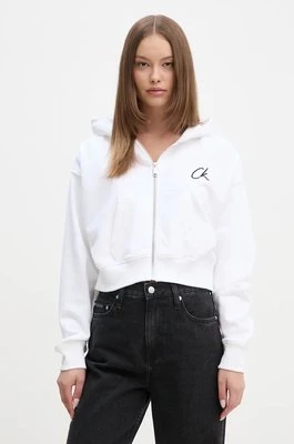 Calvin Klein Jeans bluza bawełniana damska kolor biały z kapturem z aplikacją J20J224440