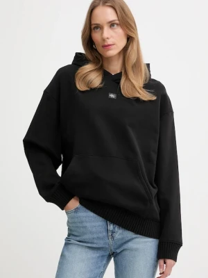 Calvin Klein Jeans bluza bawełniana damska kolor czarny z kapturem gładka LV047D232G
