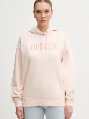 Calvin Klein Jeans bluza bawełniana damska kolor różowy z kapturem z nadrukiem J20J225579