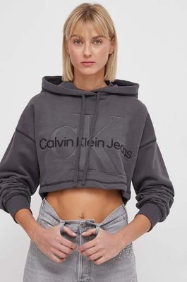 Calvin Klein Jeans bluza bawełniana damska kolor szary z kapturem z aplikacją