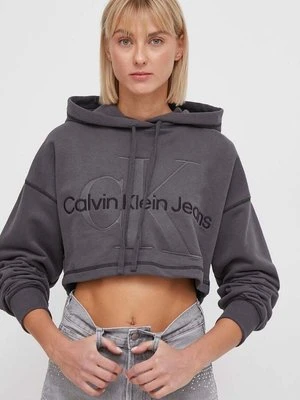 Calvin Klein Jeans bluza bawełniana damska kolor szary z kapturem z aplikacją