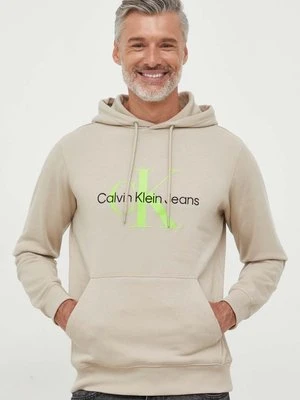 Calvin Klein Jeans bluza bawełniana męska kolor beżowy z kapturem