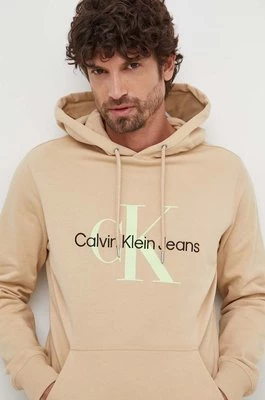 Calvin Klein Jeans bluza bawełniana męska kolor beżowy z kapturem z nadrukiem