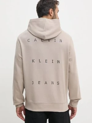 Calvin Klein Jeans bluza bawełniana męska kolor beżowy z kapturem z nadrukiem J30J327318