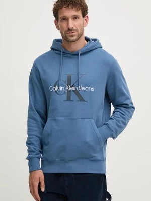 Calvin Klein Jeans bluza bawełniana męska kolor niebieski z kapturem z nadrukiem