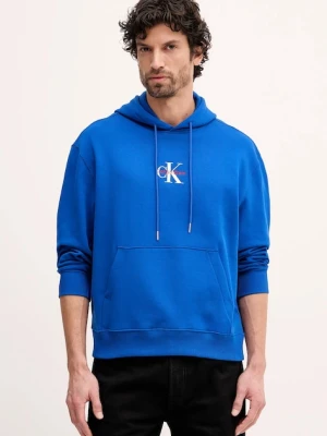 Calvin Klein Jeans bluza bawełniana męska kolor niebieski z kapturem z nadrukiem LV04RD243G