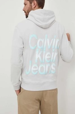 Calvin Klein Jeans bluza bawełniana męska kolor szary z kapturem z nadrukiem