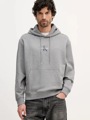 Calvin Klein Jeans bluza bawełniana męska kolor szary z kapturem z nadrukiem LV04RD243G