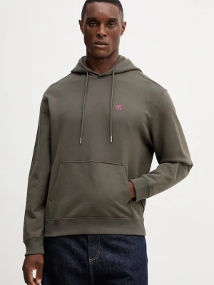 Calvin Klein Jeans bluza bawełniana męska kolor zielony z kapturem gładka LV04RC297G