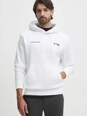 Calvin Klein Jeans bluza męska kolor biały z kapturem z nadrukiem J30J326923