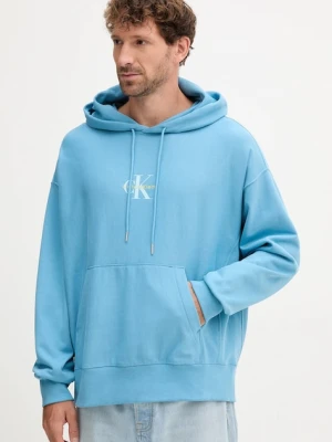 Calvin Klein Jeans bluza męska kolor niebieski z kapturem z nadrukiem LV04RC281G