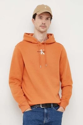 Calvin Klein Jeans bluza męska kolor pomarańczowy z kapturem z aplikacją