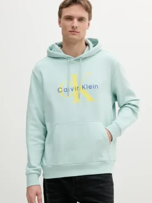 Calvin Klein Jeans bluza męska kolor turkusowy z kapturem z nadrukiem LV040BM800