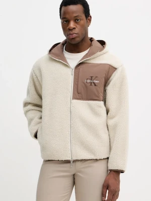 Calvin Klein Jeans bluza polarowa męska kolor beżowy z kapturem gładka LV04RD218G