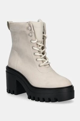 Calvin Klein Jeans botki CHUNKY HEELED ZIP BOOT LTH damskie kolor beżowy na słupku YW0YW01548