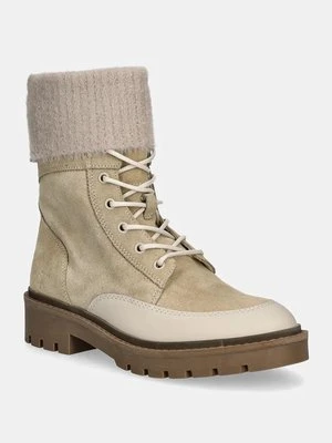 Calvin Klein Jeans botki COMBAT MID LACE UP BOOT WL damskie kolor beżowy na płaskim obcasie YW0YW01599