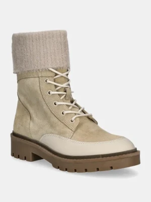Calvin Klein Jeans botki COMBAT MID LACE UP BOOT WL damskie kolor beżowy na płaskim obcasie YW0YW01599
