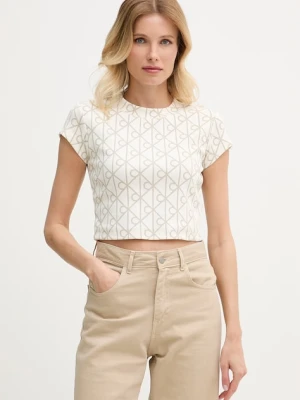 Calvin Klein Jeans Crop top damski bawełniany z elastanem beżowy
