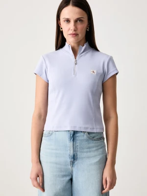 Calvin Klein Jeans crop top damski bawełniany z elastanem fioletowy